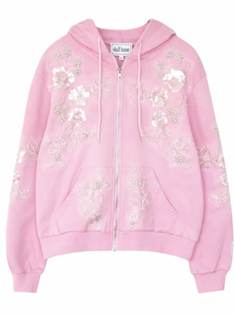 Skull House Embellished Sparkle Pearl Floral Pink Zip-Up Hoodie LIMITED EDITION